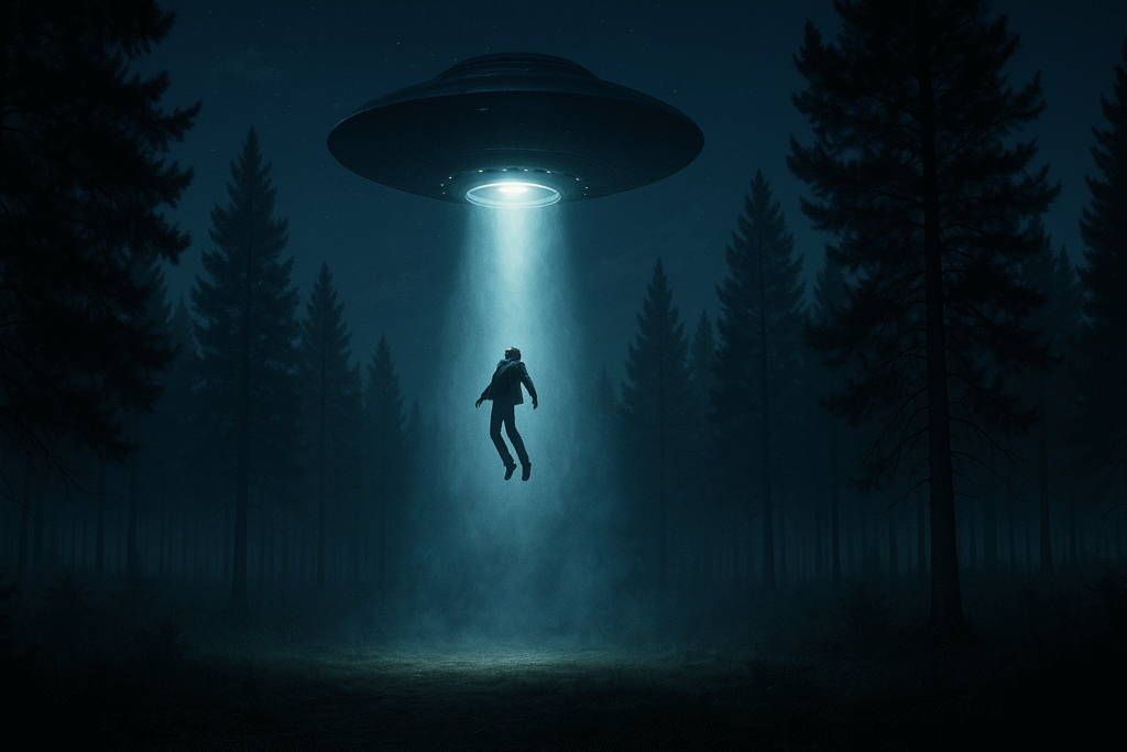 Man levitating in air towards a UFO