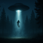 Man levitating in air towards a UFO