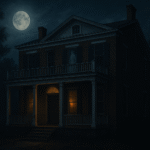 A moonlit 1800s brick house in San Diego with glowing windows, surrounded by mist and a faint ghostly silhouette visible on the upper balcony.