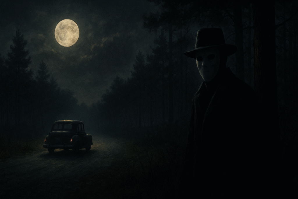 A moonlit 1940s rural road with a vintage car parked near the trees. A faint masked figure stands in the shadows under the trees, creating a mysterious and eerie atmosphere in a cinematic noir style.