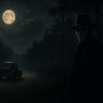 A moonlit 1940s rural road with a vintage car parked near the trees. A faint masked figure stands in the shadows under the trees, creating a mysterious and eerie atmosphere in a cinematic noir style.