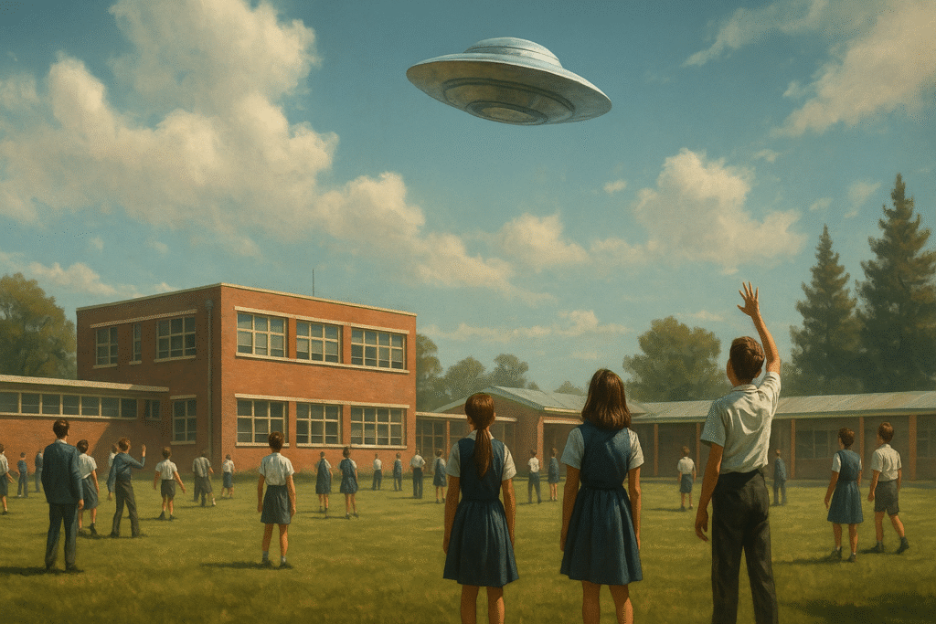 Students and teachers stand in a school field in 1960s Australia, shielding their eyes as they look up at a bright metallic disc in the clear sky above.