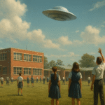 Students and teachers stand in a school field in 1960s Australia, shielding their eyes as they look up at a bright metallic disc in the clear sky above.