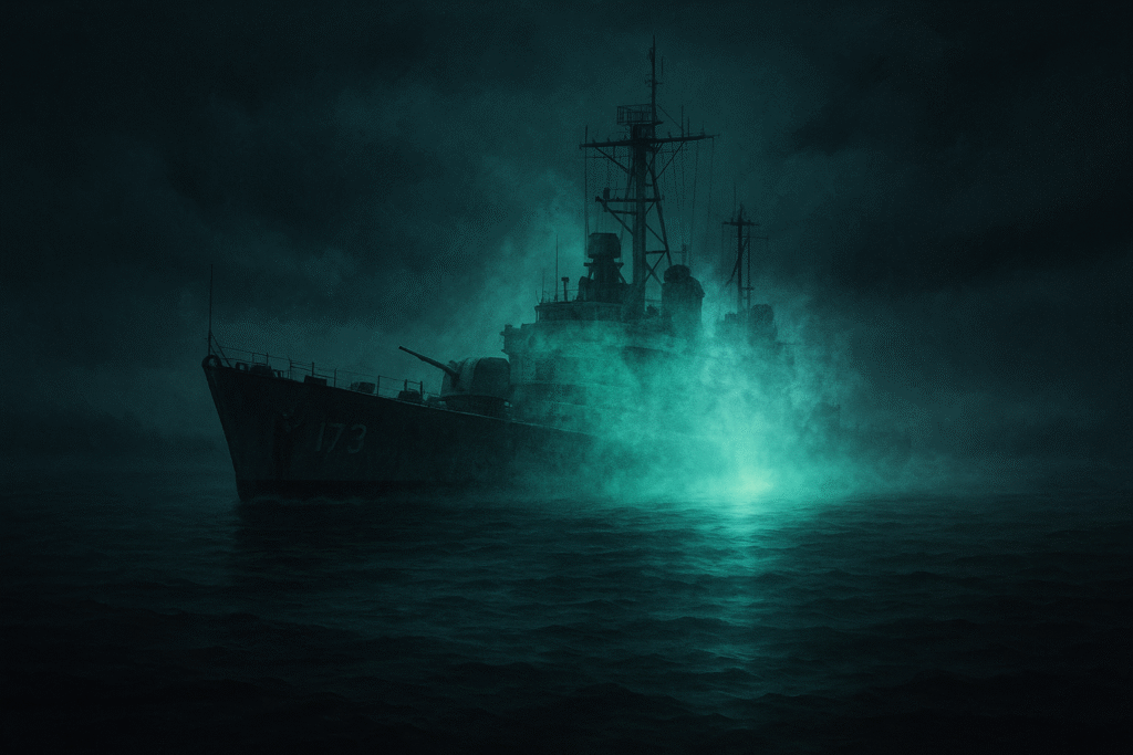 A 1940s U.S. Navy destroyer surrounded by glowing blue-green light and mist in the Philadelphia harbor, appearing to fade from view into the sea air.
