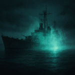 A 1940s U.S. Navy destroyer surrounded by glowing blue-green light and mist in the Philadelphia harbor, appearing to fade from view into the sea air.